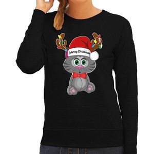 Bellatio Decorations Foute Kersttrui/sweater voor dames - Merry Christmas - zwart - kerstpoesje S