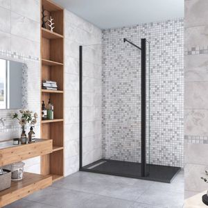 30x200cm zwarte inloopdouche + 30x200cm draaibaar hoekprofiel +70-120cm Stabilisatiestang 8mm EasyClean veiligheidsglas