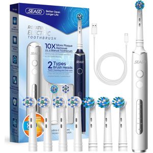 Elektrische Tandenborstel met Roterende Borstelkop, 8 Opzetborstels, 5 Modi, IPX7 Waterdicht, Oplaadbaar voor 30 Dagen