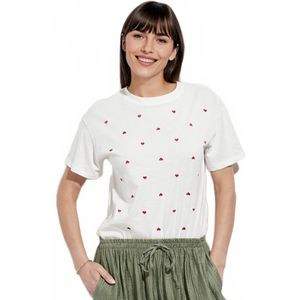 T-shirt met ronde hals en geborduurde hartjes