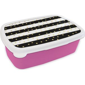 Broodtrommel Roze - Lunchbox - Brooddoos - Sterren - Goud - Confetti - Patronen - 18x12x6 cm - Kinderen - Meisje
