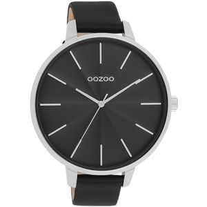 OOZOO Timepieces - Zilverkleurige OOZOO horloge met zwarte leren band - C11258
