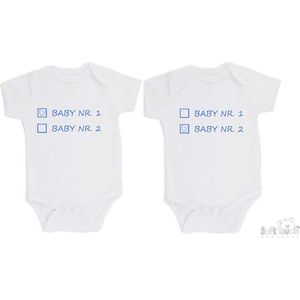 100% katoenen Rompers 2-pack ""Baby nr. 1 & Baby nr. 2"" Jongens Tweeling Katoen Wit/blauw Maat 62/68