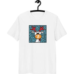 Bitcoin T-shirt - Orange Nose Reindeer - Kerst T-shirt - Unisex - 100% Biologisch Katoen - Wit - Maat S | By BitPopArt | Bitcoin cadeau| Bitcoin T-shirt | Bitcoin Shirt| Bitcoin Merch| Bitcoin Kleding| Crypto Kleding