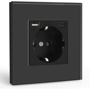 Stopcontact met USB en Type C Poort - Zwart Glas
