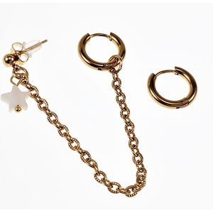 Driedelige Oorbellen Dames - Verguld Roestvrij staal - ∅14mm Oorringen - Ball Earring met Ketting - Witte Schelp Ster Hanger