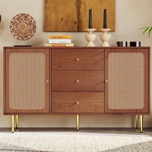 KOMHTOM Kast Dressoir met 2 deuren en 3 laden rotan deuren met lade verstelbare plank bruin