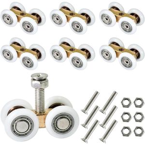 Schuifdeurwieltjes - Set van 6 volledig koperen wielen met schroeven - Voor kasten en schuifpoorten - Kogellagers voor 20 mm loopprofiel