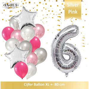 Cijfer Ballon 6 Jaar Zilver Roze White Pearl Boeket * Hoera 6 Jaar Verjaardag Decoratie Set van 15 Ballonnen * 80 cm Verjaardag Nummer Ballon * Snoes * Verjaardag Versiering * Verjaardag Decoratie * Silver Pink Pearl White* Nummer Ballon 6 * Zilver