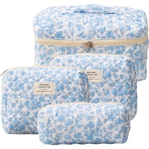 4-delige reis-cosmeticaset voor dames - bloemenpatroon - esthetische make-up tas - wit/blauw .