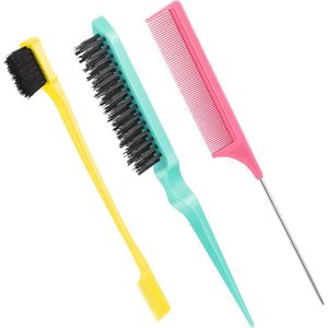 Haarborstel Set voor Randcontrole - 3 Stuks Zwart Haar (Geel, Roze, Cyaan)
