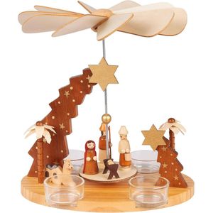 BRUBAKER Kerstpiramide van hout, ster van Betlehem, Jezus, Maria, Jozef en Herder, 22 cm grote theelichtpiramide voor Kerstmis, draaibare tafelpiramide voor 4 theelichtjes, handbeschilderd