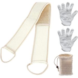 Badaccessoireset - Rugborstel, Peelinghandschoen en Zeepzakjes - 1 set - Rijs-wit - Hoogwaardige materialen
