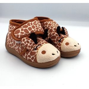 Jongens en meisjes baby / peuter / kleuter giraf pantoffels – zeer zachte sloffen - bruin/beige giraffenprint met leuk gezichtje – sterke antislip – instappers met velcro sluiting - maat 19
