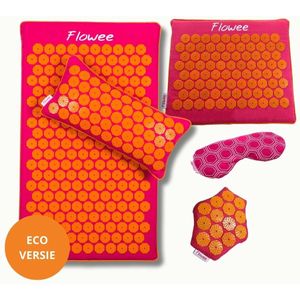 Flowee Relaxset PRO - Spijkermat ECO, spijkerkussen, spijkermat klein & -massagehand & Oogkussen - Fuchsia met oranje - Vulling Kokosvezels & Boekweitkaf & Lavendel (77x45+22x44cm) - Acupressuur Mat - Spijkerbed - Shakti Massage - Vijf jaar Garantie