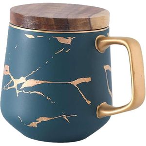 Koffiemok, theebeker, keramische beker, gouden design met houten schotel (groen met deksel)