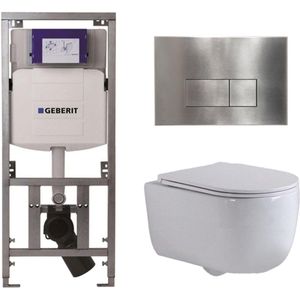 QeramiQ Dely Swirl Toiletset - 36.3x51.7cm - diepspoel - rimless - Geberit UP320 Burda inbouwreservoir - slim zitting - steel bedieningsplaat - rechtehoekige knoppen - wit mat