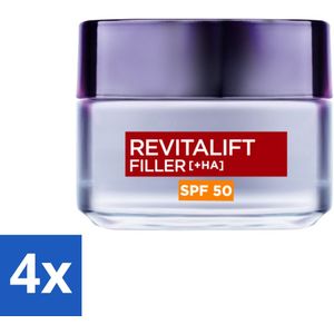 4 x L'Oréal Paris Revitalift Filler - Anti-Aging Dagcrème - Serum - Hyaluronzuur en SPF 50 - 50 ml - Anti-aging Dagcrème - Hyaluronzuur Crème - Rimpelcrème - Dagcrème Spf50 - L'Oréal Paris Revitalift Filler