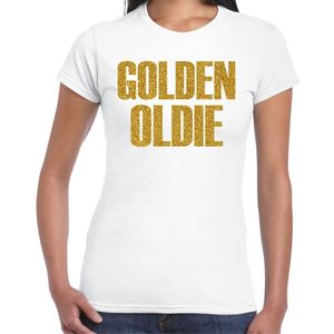 Bellatio Decorations Verkleed T-shirt dames - golden oldie - wit - glitter goud - fout/goud/stout S