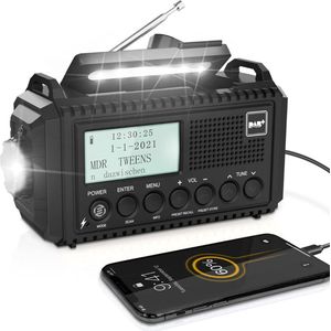 Noodradio - Noodradio Opwindbaar - DAB+/DAB/FM Solar Radio - Wind-up Radio met 5000 mAh Batterij - Digitale Radio met LCD-Scherm - Handcran en USB-Poort - Hoofdtelefoonaansluiting - LED-Zaklamp en Leeslamp - SOS-Alarm - Mono/Stereo Radio - Ideaal voo
