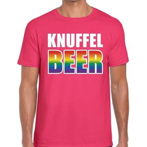 Knuffel beer gay pride t-shirt - roze shirt met knuffel beer regenboog tekst voor heren - Gay pride L