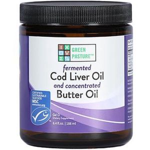 Green Pasture Blue Ice Royal gefermenteerde Levertraan/boter olie, Reguliere smaak – 188 ml GEL