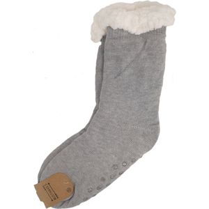 Dikke warme teddy huis sloffen huissokken met anti slip kleur grijs effen maat 41 42 43