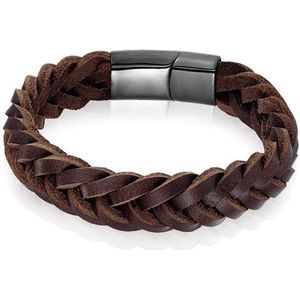 Heren armband LGT Jewels Gevlochten Leer Edelstaal Bruin Zwart-19cm