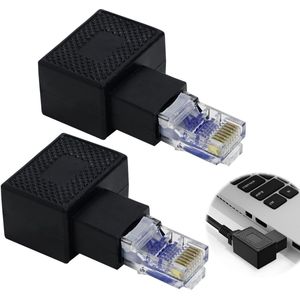 Pack of 2 90 Degree Ethernet Adapters, RJ45 Plug on Jack, Right and Left Corner, for Network Connection, Compatible with Switch, Modem, Router, PC, Network Printer - Shielding