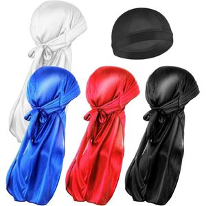 Allecto Plus - 4 stuks zijden gegolfde kap en 1 stuk ronde Durag-hoed voor mannen en vrouwen - zwart - premium zijde - extra lange staarten - kreukvrij - ultrazacht - comfortabel - elastisch.