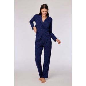 Woody - Dames Doorknoop Pyjama in rekbaar katoen met wolkenprint - Donkerblauw - XL