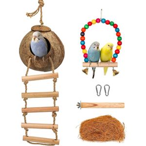 Natuurlijke kokosnootschaal, vogelnest met ladder, parkieten, speelgoed, vogel, accessoires, kanarie, nest, kokosnoot, slaapplaatsen, kokoszijde, zitstokken en schommel voor papegaaien, parkieten, (L)