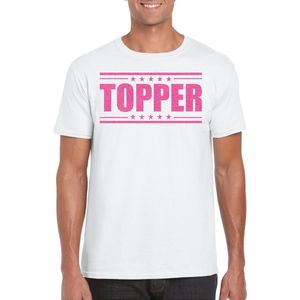 Bellatio Decorations Verkleed T-shirt voor heren - topper - wit - roze glitters - feestkleding L