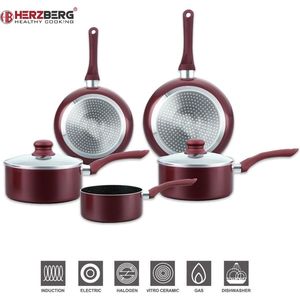 Herzberg - Set Lot 7-delige Pannenset inductie - Steencoating - Pannensets - Glazen deksel - Geschikt voor oven - PFAS-vrij - Bourgondië - HG-1020