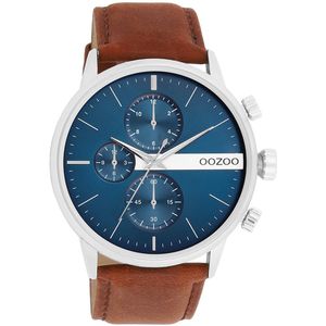 OOZOO Timepieces - Zilverkleurige OOZOO horloge met bruine leren band - C11221