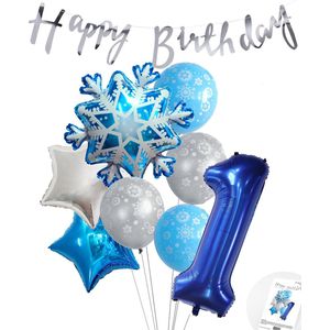 Cijferballon 1 Blauw - Frozen - Ijssterren - Ballonnen Pluspakket - Slinger Feestvieren - Verjaardag Snoes