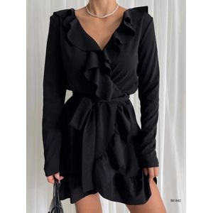 Overslag jurk met touwriem en ruches | Zwart