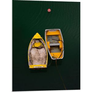 PVC Schuimplaat- Twee Houten Gele Bootjes Dobberend bij Rode Boei - 60x80 cm Foto op PVC Schuimplaat