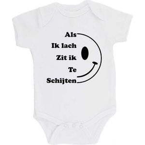 100% katoenen Romper bedrukt met grappige tekst Kado Cadeau Kraamkado Kraamcadeau ""Als ik Lach Zit ik Te Schijten"" Unisex Katoen Wit/zwart Maat 68/74