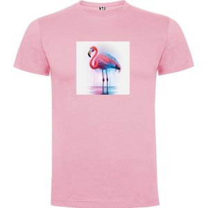 Zacht Roze T-Shirt met “ Kleurrijke Flamingo “ Print Full Color Maat XL