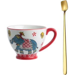 Handgeschilderde mok 350ml - Flower Art Cup koffie cup oud ontwerp hoge kwaliteit gouden lepel porseleinen mok (olifant)
