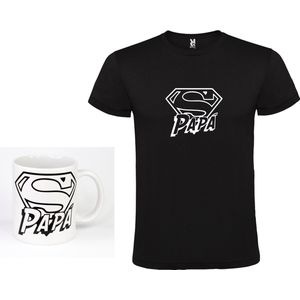 Zwart T-Shirt met Bijpassende Koffiemok “Super Papa “ Afbeelding Wit Size S