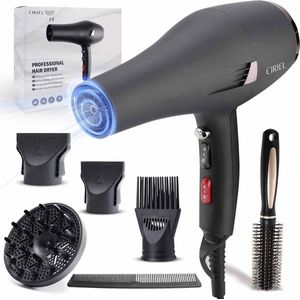 CIRIEL Föhn Met Diffuser - Ionische Haardroger - 2400W - Complete Set - Haardroger Met Borstel - 4 Standen - Ionische Fohn Krullen - 4 Opzetstukken