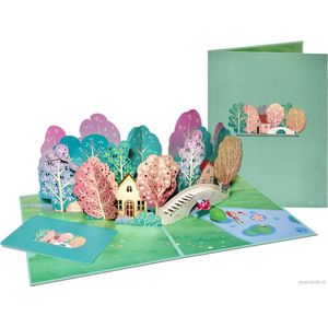 Popcards popupkaarten – Romantisch landschap met huizen, bomen en rivier pop-up kaart | Verhuiskaart Valentijn Nieuwe Woning Natuur Vakantie