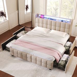 Sweiko Zacht Gewatteerd bed met USB Oplaadfunctie, Hoofdbord en LED verlichting, 2-laden, Eenpersoonsbed 160x200cm opbergbedframe, houten frame, Beige (zonder matras)