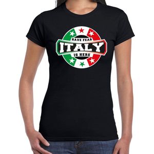 Have fear Italy is here t-shirt met sterren embleem in de kleuren van de Italiaanse vlag - zwart - dames - Italie supporter / Italiaans elftal fan shirt / EK / WK / kleding XS