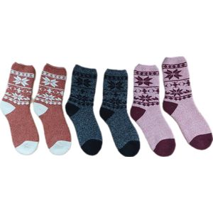 Alpacasokken - Dames - 3 Paar - Wintermotief - Voet verwarmend - Kleur Oranje/Grijs/Roze - Maat 36-41