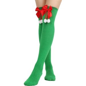 Daity 1 paar dames kerstkousen met strik - lange gestreepte kousen (groen)