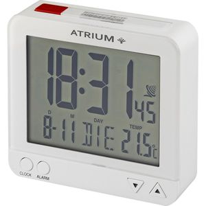 ATRIUM Wekker - Digitiaal - Digitale Klok - Radiogestuurd - Alarm - Wit - Verlichting - Lichtsensor - Opbouwend Alarmsignaal - Snooze - Duidelijk - Reiswekker - Wektijd - Datum - Weekdag - Binnentemperatuur - Wekkers Slaapkamer - A740-0