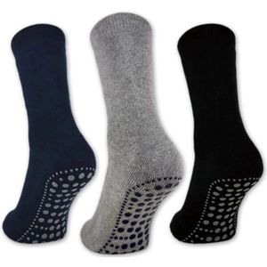 Anti slip sokken | 3 paar | maat 47-50 | grijs zwart navy assorti | badstof binnenkant | huissokken heren